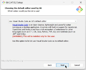 Pantalla del instalador de Git: elegir Visual Studio Code como editor por defecto