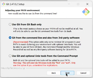 Pantalla del instalador de Git: opción recomendada de PATH